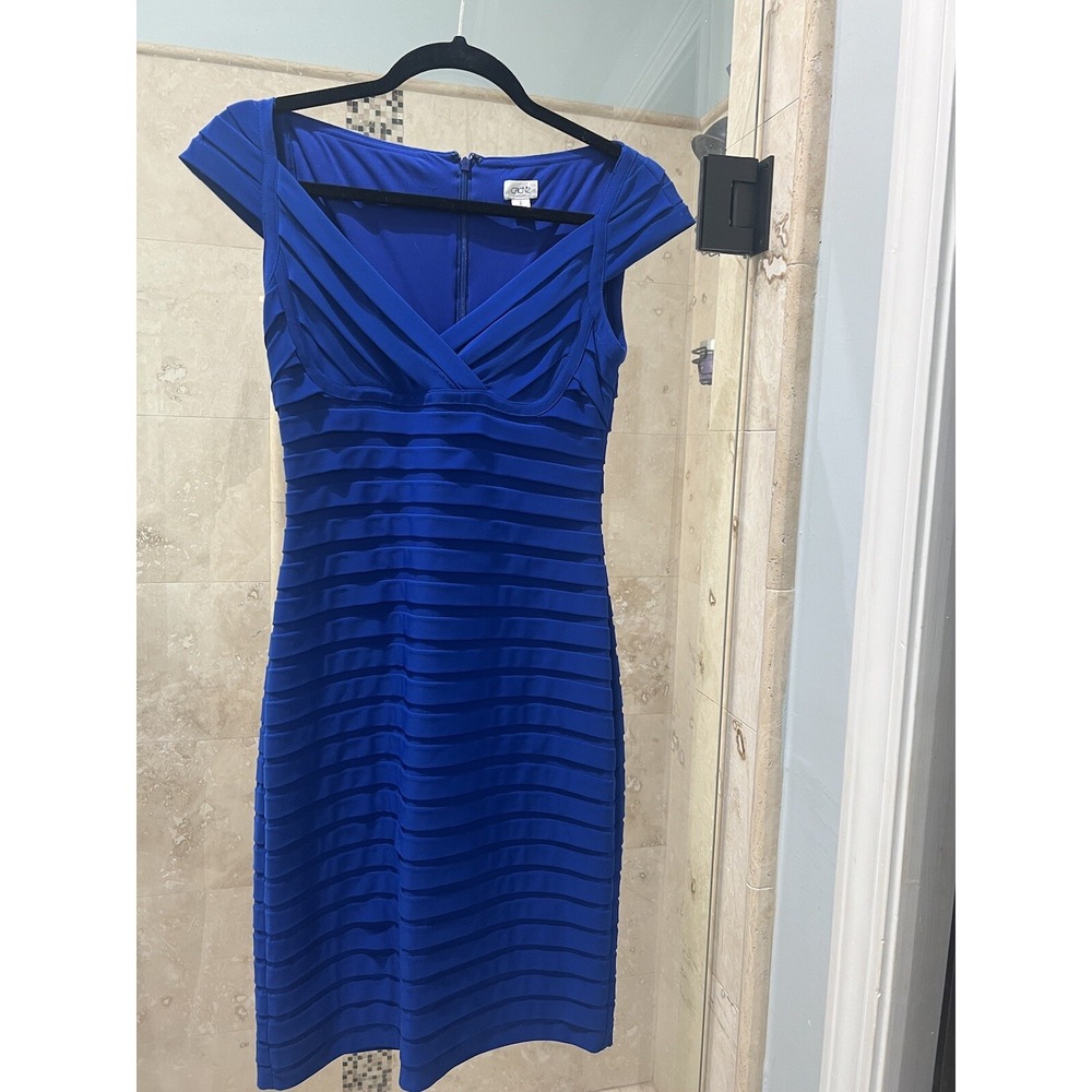 Cache Blue Thick Stretch Bandage Dress 2 Cap Sleeve Bodycon Cocktail V-Neck - Picture 2 of 12